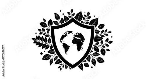Black shield with earth globe logo.