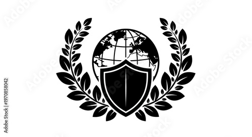 Black shield with laurel wreath globe.
