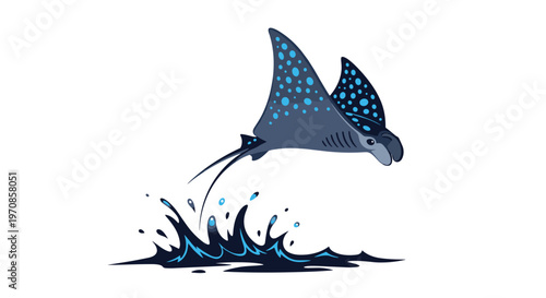 A grey manta ray with blue spots jumps from dark blue water with splashes on a white background.