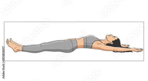 Woman lying on back, arms stretched overhead, yoga pose, relaxation, fitness, white background