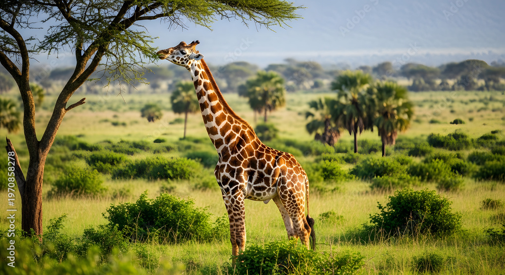 Fototapeta premium Tall giraffe in tropical savanna landscape