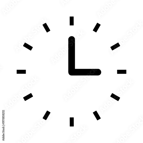 Simple black minimalist clock icon showing three o'clock with dashed hour markers on white background