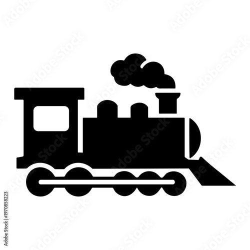 Black silhouette icon of a vintage steam locomotive train with smoke on a white background