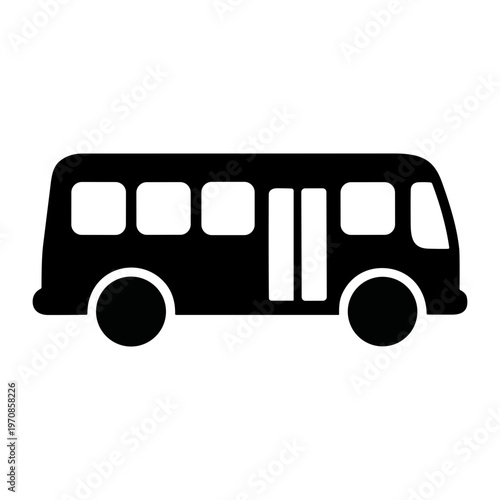 Black silhouette of a city bus icon isolated on a white background for public transportation design.