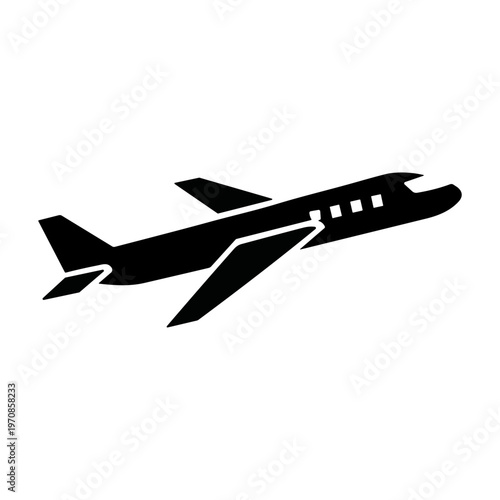 Black airplane silhouette icon isolated on a white background representing flight and aviation travel