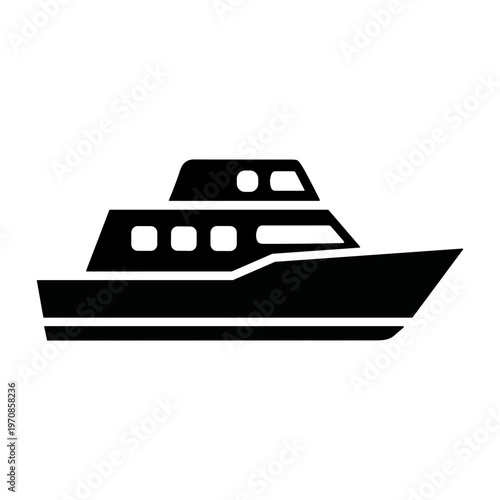 Simple black silhouette of a luxury motor yacht or cruise ship icon isolated on white