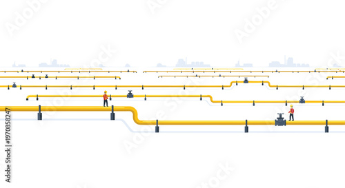 A vast network of yellow pipelines with workers and valves stretches towards a distant city skyline on a white background.