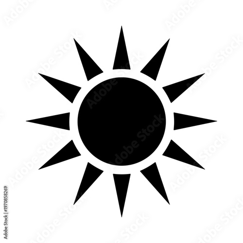 Minimalist black sun icon silhouette with twelve sharp rays isolated on white background