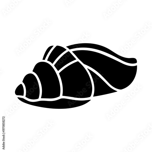 Black seashell silhouette icon isolated on a white background, stylized spiral conch shell illustration.