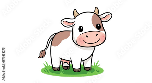 Brown and white cow standing still.