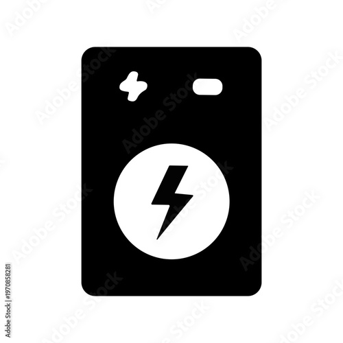 Black and white icon of a portable power bank with a lightning bolt charging symbol on a white background.
