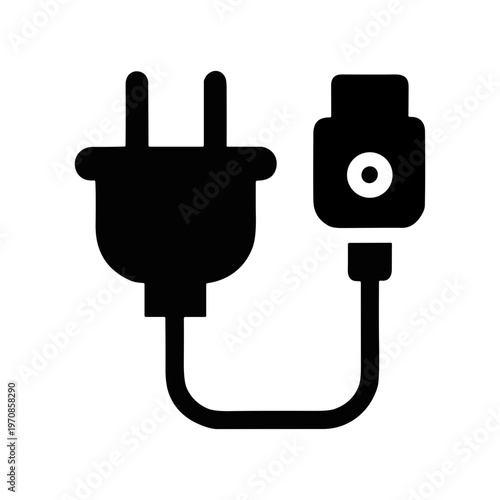 Black silhouette icon of an electric power plug with a cable and connector on a white background
