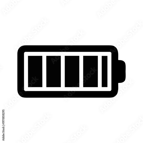 Black battery indicator icon with five energy bars representing full charge on white background