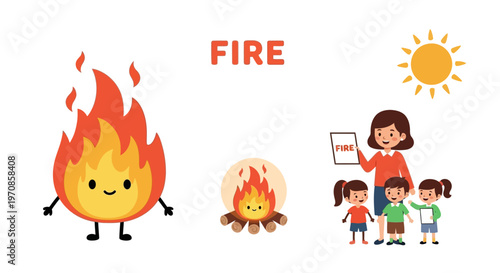 Cartoon flame character smiling happy.