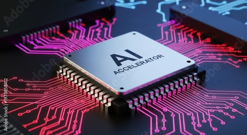 A close-up view of an AI accelerator chip on a circuit board with vibrant pink and blue lines