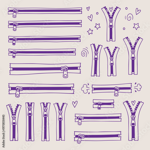 Clothing zipper fastener set, sewing hardware garment icons, diverse zipper types vector, fashion accessory metal zips, tailoring supplies hardware sketches, open closed zipper line art, garment closu