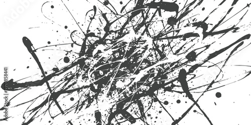 Abstract expressionist art piece featuring chaotic black paint splatters on a white background isolated on white background, Vector, illustration