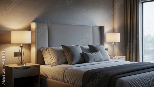 A serene bedroom with a large bed, two nightstands, and lamps