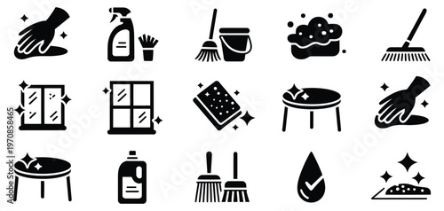 cleaning icon set, vector icons for sanitation and cleaning supplies including spray bottle, bubbles, detergent, wiping hand, soap bar, sparkling leaf and clean tag, modern flat design collection.