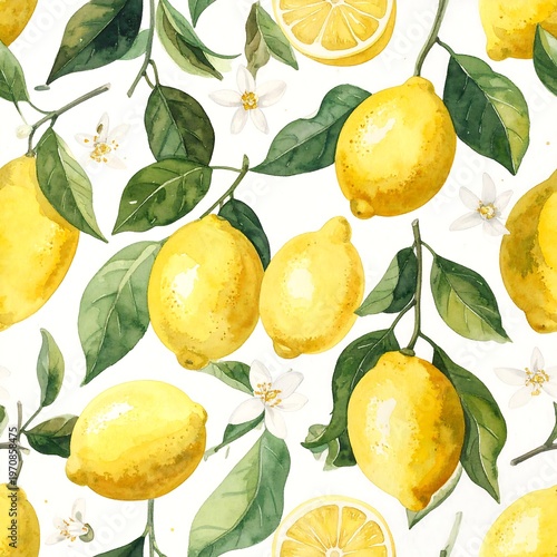 A seamless pattern featuring lemons, leaves, and white flowers on a white background