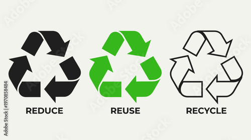 Three recycling icons in black, green, and outlined style, symbolizing sustainability, eco-awareness, waste reduction, environmental responsibility, circular economy, clean design, universal green me