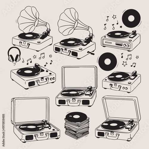 Vintage vinyl record player, retro turntable music icons, phonograph audio equipment set, music listening hobby sketches, classic analog sound vector, turntable spinning vinyl art, retro audio device 