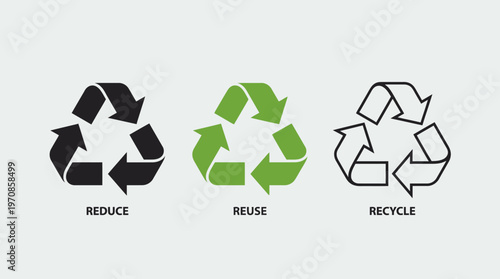 Three recycling icons in black, green, and outlined style, symbolizing sustainability, eco-awareness, waste reduction, environmental responsibility, circular economy, clean design, universal green me