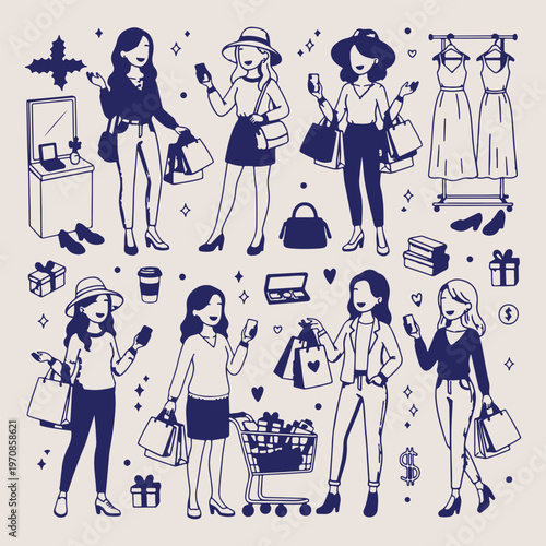 Women fashion shopping doodles, clothing boutique retail icons, girls lifestyle sketch set, apparel store hand drawn, outfit selection wardrobe icons, shopping mall activity vector, trendy female styl
