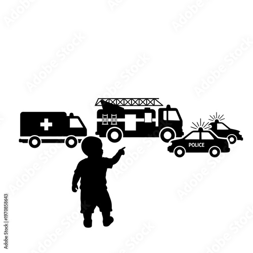 Child pointing at emergency vehicles.