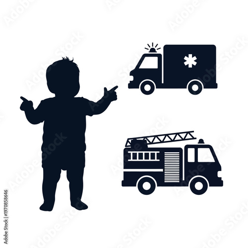 Child pointing at emergency vehicles.
