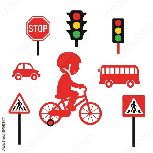 Child Riding Bike with Traffic Signs.