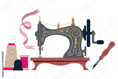 Vintage sewing machine with tools and thread spools for crafts and tailoring hobby.