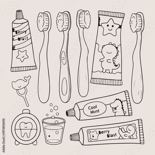 Toothbrush and paste, dental hygiene set, oral health care, teeth cleaning tools, bathroom routine icons, morning hygiene design, medical dental vector.

