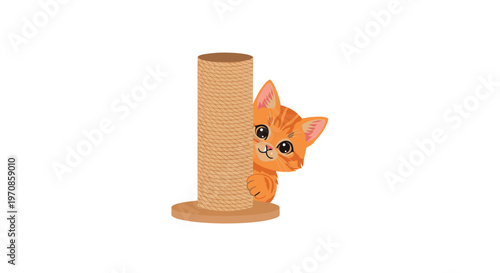 A cute orange tabby kitten with round black eyes peeks from behind a rope-wrapped scratching post.