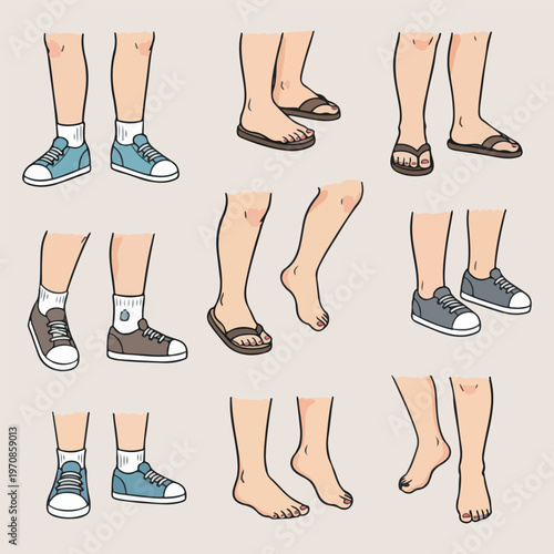 Walking legs feet, human footsteps vector, walking shoes sneakers, footwear fashion set, movement and travel, street style walking, casual legs illustration.


