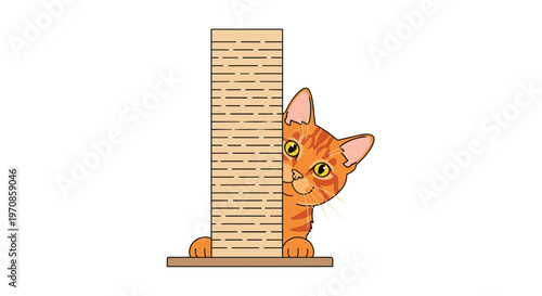 A charming orange tabby kitten with yellow eyes peeks from behind a textured, rectangular scratching post.