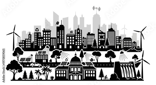 City Skyline with Wind Turbines.