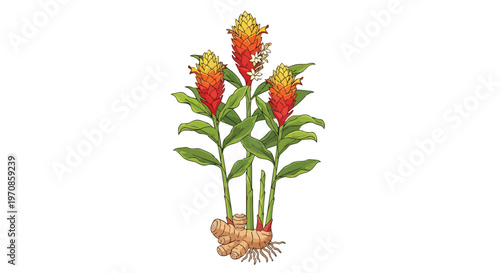 Botanical Illustration of Ginger Plant with Rhizome and Flowering Stalks