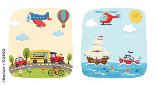 Colorful Toy Vehicles and Boats Display.