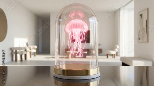 Glowing Pink Jellyfish Sculpture Inside a Glass Dome Laboratory Lamp