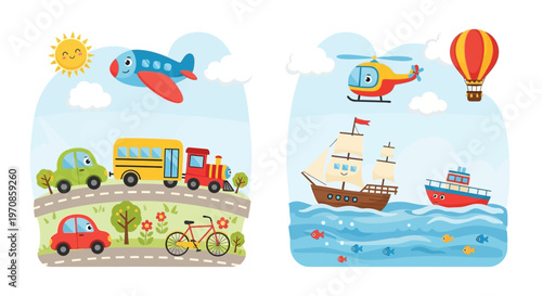 Colorful toy vehicles and boats.