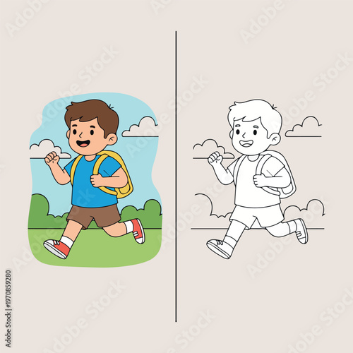 School boy running, student back to school, kids education character, coloring page for children, education line art, elementary student vector, active boy illustration.

