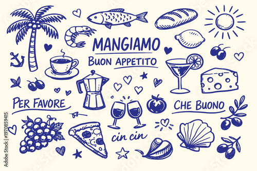 Italian Style Summer Vacation Hand Drawn Vector Illustration Set with Grunge Chalk and Charcoal Rough Doodle Sketch Elements, Ink Simple Drawings for Poster, Menu and Placard Print
