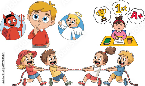 Children's Illustration Set with Angel and Devil, Schoolgirl Dreaming of A+ Grade, and Tug of War Game for Websites, Apps, and Digital Media Designs
