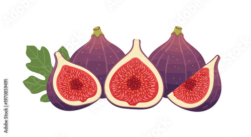 A vibrant illustration features whole and sliced purple figs with red pulp and seeds, accompanied by a single green leaf.