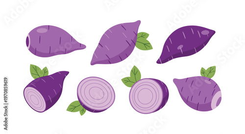 Seven individual purple root vegetables, including whole tubers and sliced cross-sections with green leaves, are scattered on a white background.