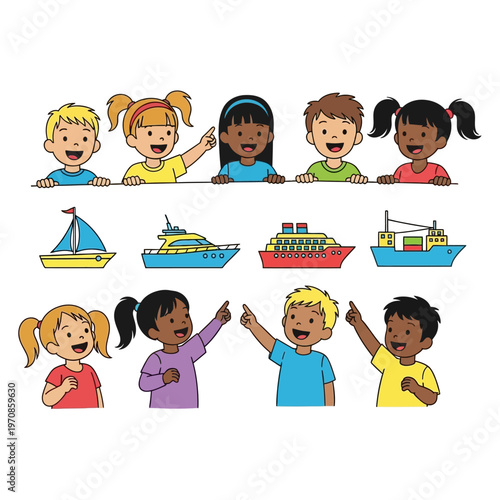 Diverse children smiling and waving.