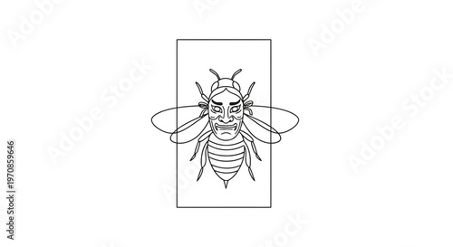 Surreal Bee with Human Face Mask, Black and White Line Art