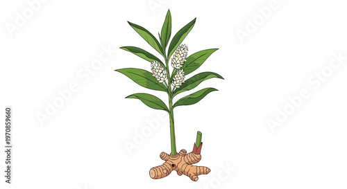 Hand Drawn Illustration of Ginger Plant with Rhizome Root