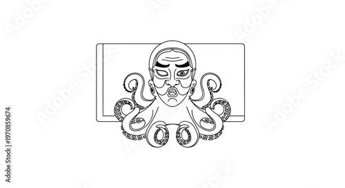 Surreal Octopus Man Face with Tentacles Emerging from Screen